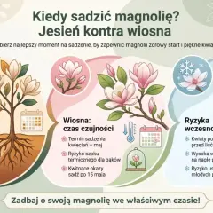 Jesień to najlepszy czas na sadzenie magnolii przed domem. Ilustracja porównuje sadzenie jesienią i wiosną, podkreślając zalety jesiennego terminu.