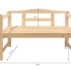 Drewniana ławka ogrodowa z wymiarami: wysokość 73,5 cm, szerokość 118 cm, głębokość siedziska 38 cm.