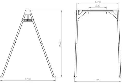 Rysunek techniczny huśtawki ogrodowej z wymiarami: wysokość 2060 mm, szerokość 1430 mm, głębokość 1590 mm.