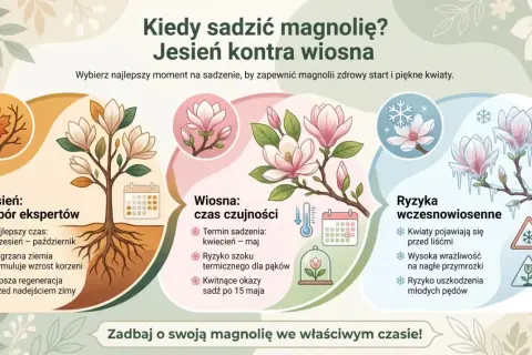 Jesień to najlepszy czas na sadzenie magnolii przed domem. Ilustracja porównuje sadzenie jesienią i wiosną, podkreślając zalety jesiennego terminu.