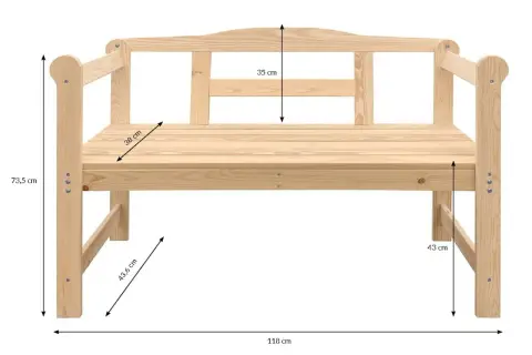 Drewniana ławka ogrodowa z zaznaczonymi wymiarami: szerokość 118 cm, głębokość siedziska 38 cm, wysokość 73,5 cm.
