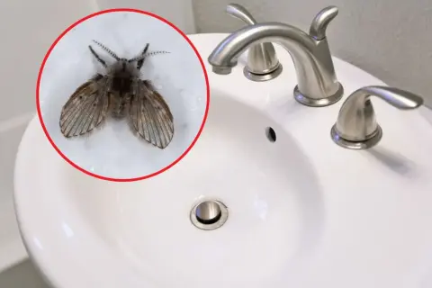 Ćmianka w łazience, siedząca na białej umywalce obok chromowanej baterii.