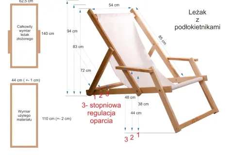 Drewniany leżak ogrodowy z podłokietnikami i zaznaczonymi wymiarami oraz regulacją oparcia.