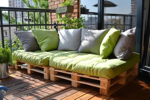 Sofa ogrodowa z palet z zielonymi i szarymi poduszkami na drewnianym tarasie.