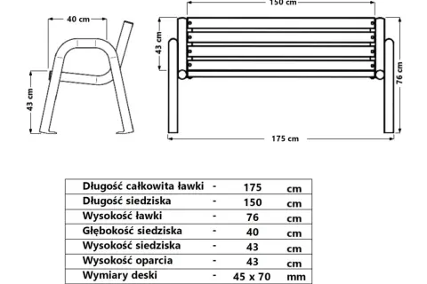 Rysunek techniczny metalowej ławki z wymiarami i tabelą parametrów.