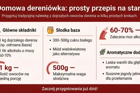 Przepis na domową dereniówkę: 1 kg derenia (np. odmiany Basia), 1 litr alkoholu 60-70%, cukier lub miód, wanilia i jałowiec.