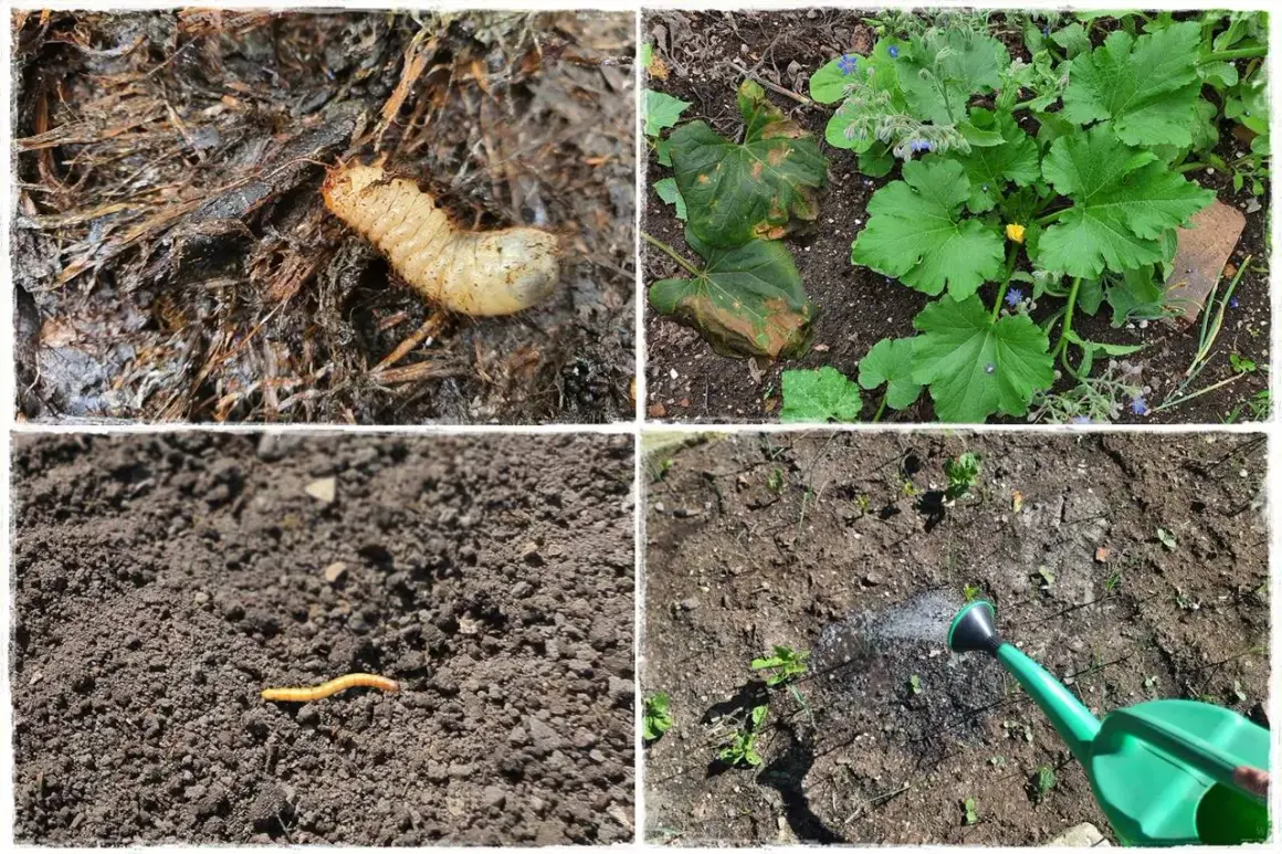 Larwa chrząszcza i dżdżownica w ziemi. Widać też rośliny i podlewanie grządek.