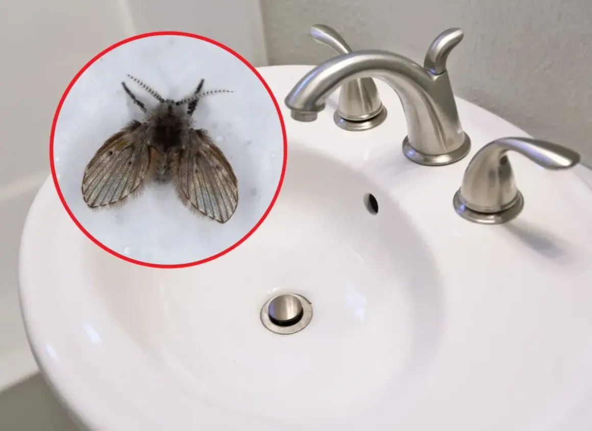 Ćmianka w łazience, siedząca na białej umywalce obok chromowanej baterii.