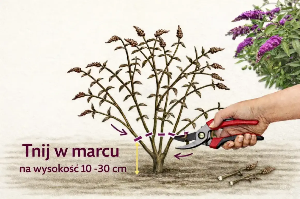 Przycinanie budlei w marcu na wysokość 10-30 cm. W tle kwitnące fioletowe kwiaty budlei.