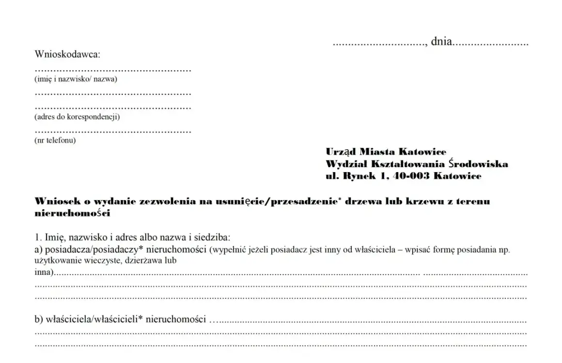Wniosek o zezwolenie na wycinkę drzew na działce. Formularz zawiera dane wnioskodawcy, adresata (Urząd Miasta Katowice) oraz informacje o nieruchomości.