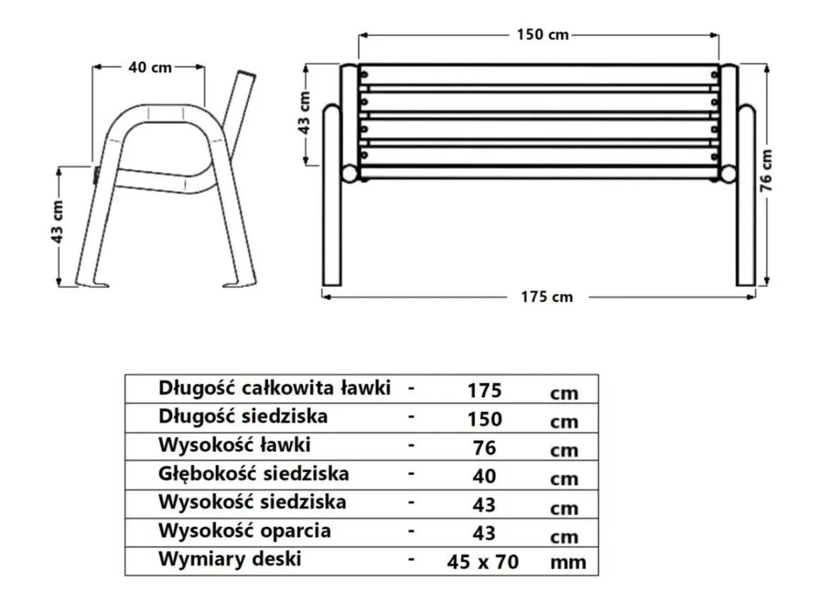 Rysunek techniczny metalowej ławki z wymiarami i tabelą parametrów.