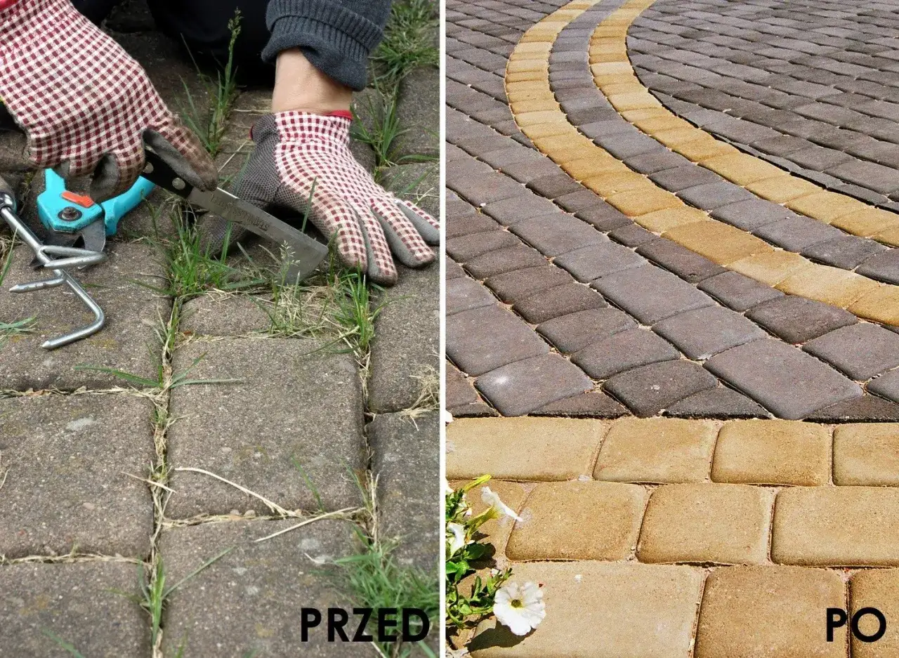 Przed: chwasty między kostkami brukowymi. Po: czysta, zadbana nawierzchnia. Sól na chwasty w kostce brukowej to skuteczne rozwiązanie.