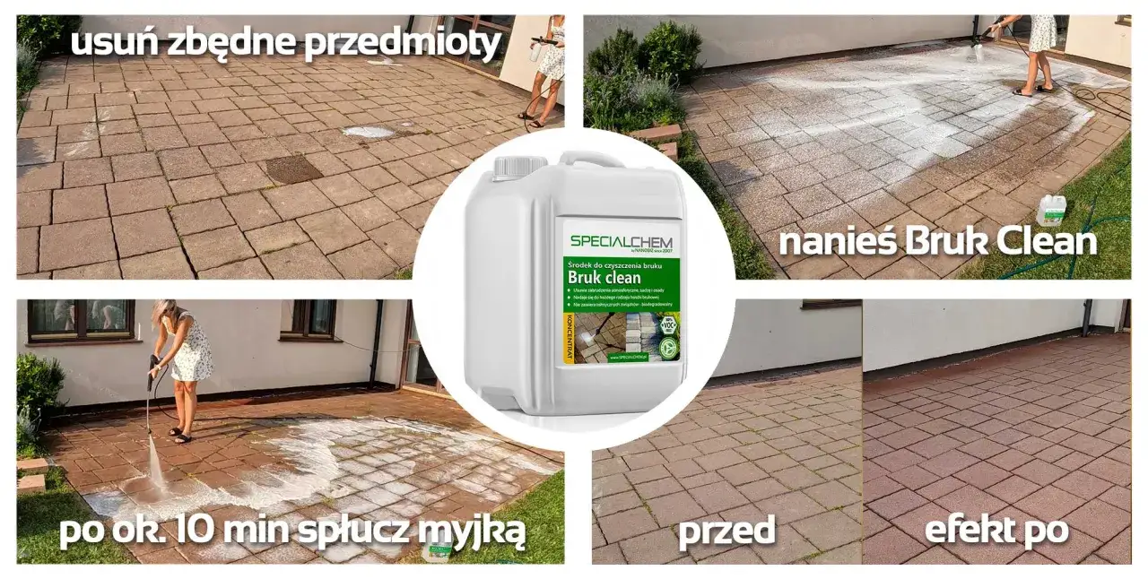 Przedstawiono proces czyszczenia kostki brukowej środkiem Bruk Clean. Efekt po impregnacji jest widoczny.