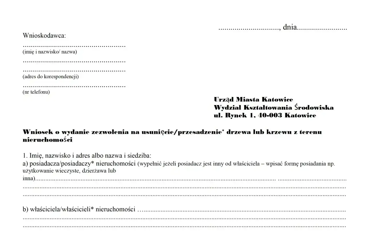 Wniosek o zezwolenie na wycinkę drzew na działce. Dokument zawiera dane wnioskodawcy i adresata: Urząd Miasta Katowice, Wydział Kształtowania Środowiska.