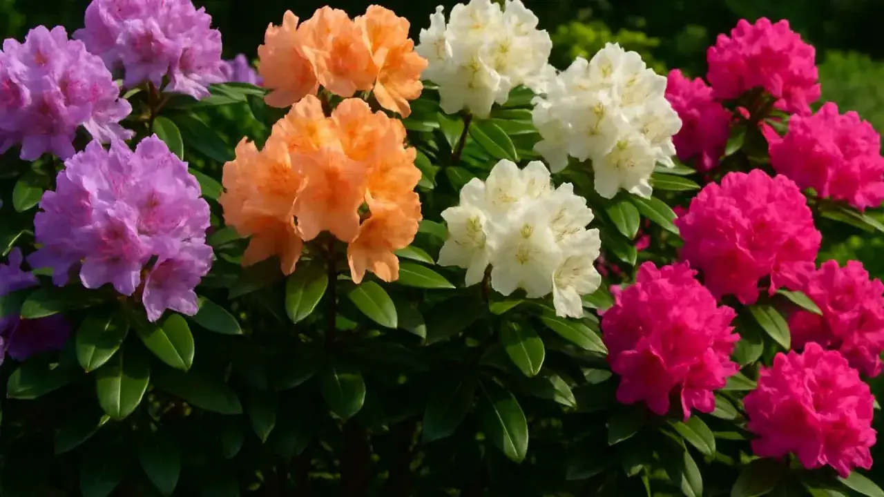 Rododendron w pełnym rozkwicie, zachwyca feerią barw: fioletowe, pomarańczowe, białe i różowe kwiaty tworzą barwny kobierzec.