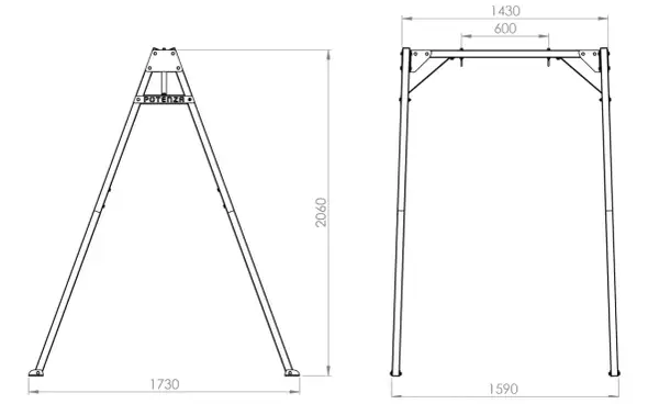 Rysunek techniczny huśtawki ogrodowej z wymiarami: wysokość 2060 mm, szerokość 1430 mm, głębokość 1590 mm.