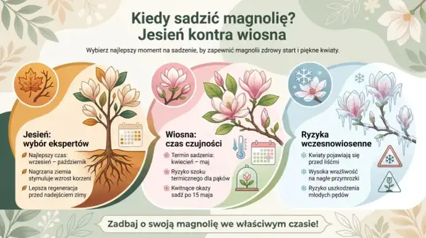 Jesień to najlepszy czas na sadzenie magnolii przed domem. Ilustracja porównuje sadzenie jesienią i wiosną, podkreślając zalety jesiennego terminu.