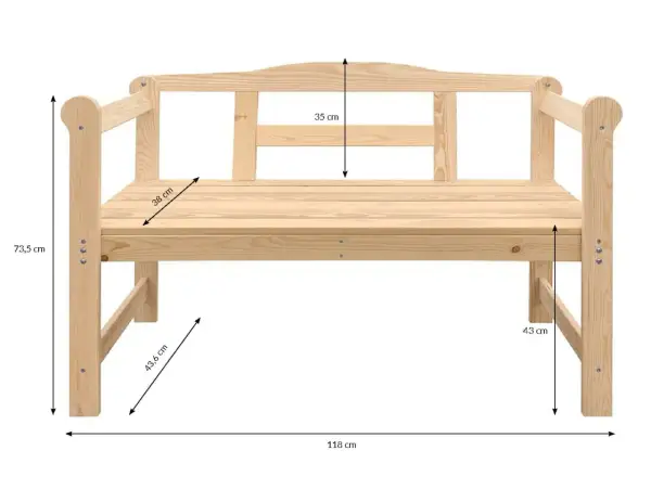 Drewniana ławka ogrodowa z zaznaczonymi wymiarami: szerokość 118 cm, głębokość siedziska 38 cm, wysokość 73,5 cm.