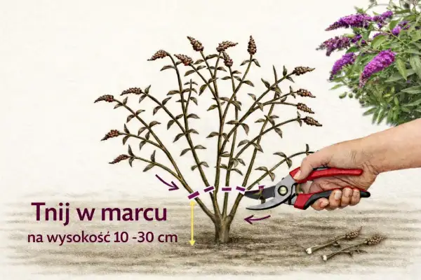 Przycinanie budlei w marcu na wysokość 10-30 cm. W tle kwitnące fioletowe kwiaty budlei.