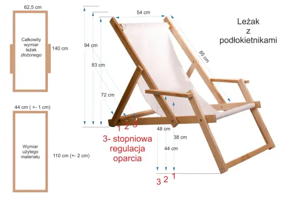 Drewniany leżak ogrodowy z podłokietnikami i zaznaczonymi wymiarami oraz regulacją oparcia.