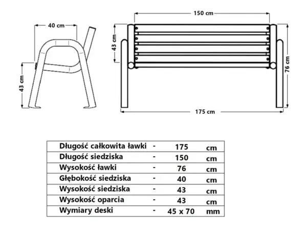 Rysunek techniczny metalowej ławki z wymiarami i tabelą parametrów.